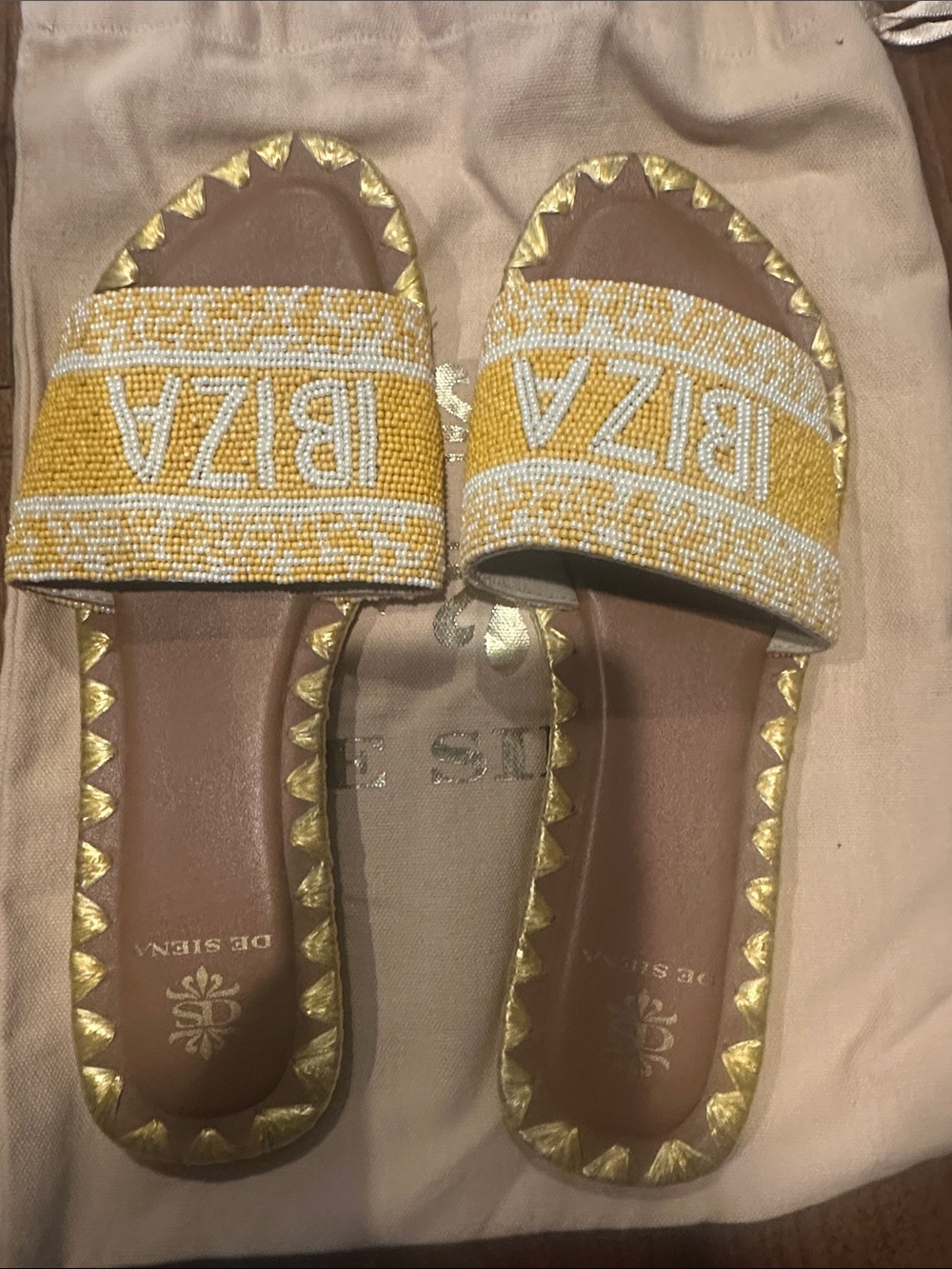 De Siena Beaded Yellow Slide Sandals with Gold Accents